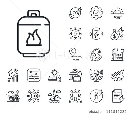 LPG fuel container sign. Energy, Co2 exhaust and solar panel outline icons. Gas cylinder line icon. Liquefied petroleum gas bottle symbol. Gas cylinder line sign. Vector 111813222