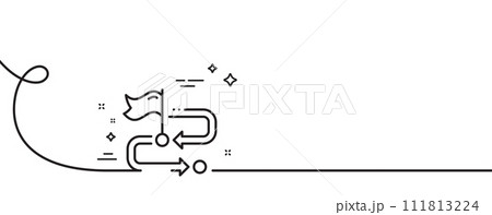 Travel path line icon. Continuous one line with curl. Location flag sign. Success symbol. Travel path single outline ribbon. Loop curve pattern. Vector Travel path line icon. Continuous one line with curl. Location flag sign. Success symbol. Travel path single outline ribbon. Loop curve pattern. Vector 111813224