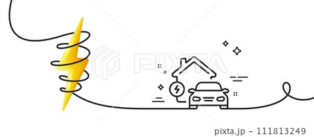 Charging station line icon. Continuous one line with curl. Home car charger sign. Electric power symbol. Home charging single outline ribbon. Loop curve with energy. Vector 111813249