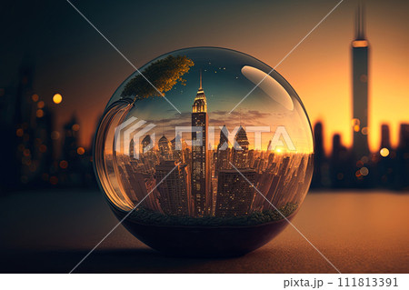 City inside a big lightbulb. Sustainable, green energy concept. Environment preservation. Generative AI 111813391