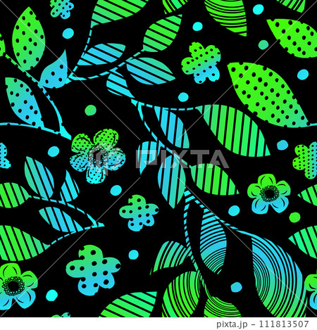 Seamless pattern of green and blue decorative tree leaves and flowers on a black background. hand drawing. Not AI, Vector illustration 111813507