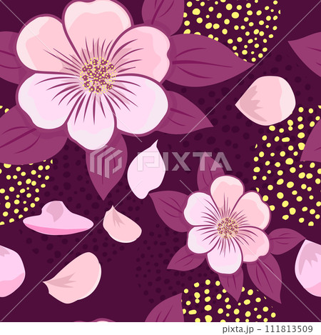 sakura pink seamless pattern. Pink White Sakura Japanese Cherry Blossoms. hand drawing. Not AI. Vector illustration 111813509