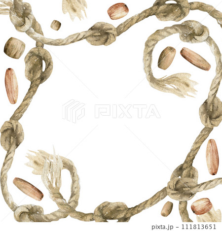 Hand drawn watercolor illustration sea witch altar objects. Three knots tied hemp rope cable, wooden beads. Square frame isolated on white background. Design for print, shop, magic, occult, wicca 111813651