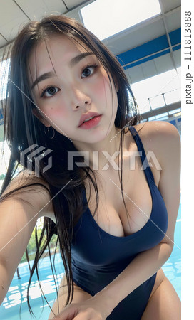 プールサイドの水着の女性 111813888