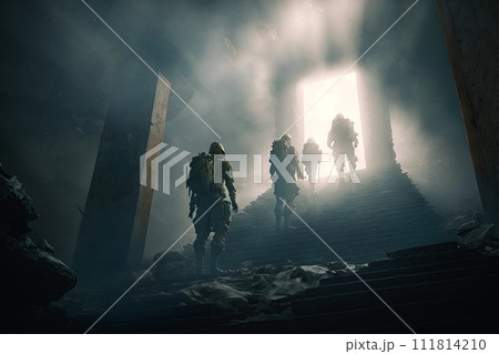 Ukrainian soldier walking stairway to Heaven. Hero soldier ascending to paradise after death. War with Russia. Ai generative 111814210
