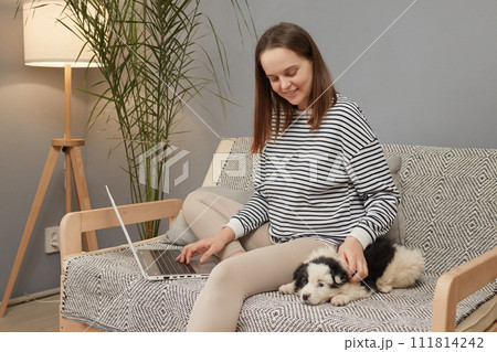 Smiling Caucasian woman wearing striped shirt sitting on sofa with her puppy dog using laptop computer working online and patting her small black and white dog Smiling Caucasian woman wearing striped shirt sitting on sofa with her puppy dog using laptop computer working online and patting her small black and white dog 111814242