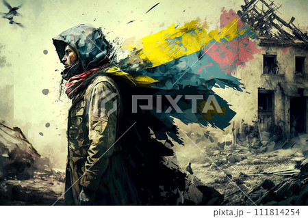 Abstract painting of a Ukrainian soldier in city ruins. Ai generative 111814254