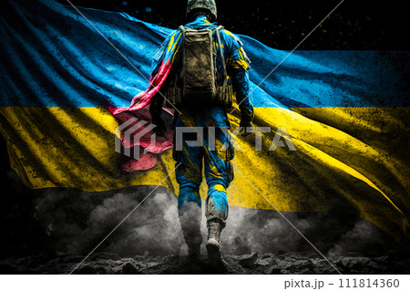 Ukrainian soldier with flag of Ukraine standing in ruins. War against Russia. Ai generative 111814360