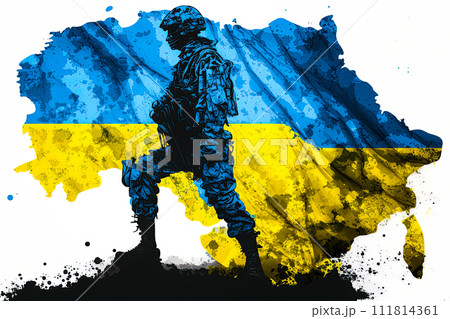 Ukrainian soldier with flag of Ukraine standing in ruins. War against Russia. Ai generative 111814361