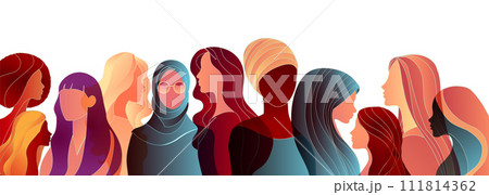 Group silhouette of multicultural women. International women s day. Equality Diversity - Inclusion - or Empowerment concept. Anti racism or stop discrimination. Banner copy space 111814362