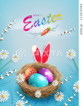 Easter blue composition with nest with eggs, bunny ears and daisies 111814363