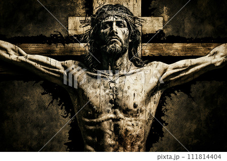 Jesus Christ crucified on the cross at Calvary hill. Ai generative 111814404