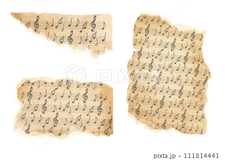 Parchment piece of paper with old music melody, song scrapbook sheet isolated on white background, design element, frame. 111814441