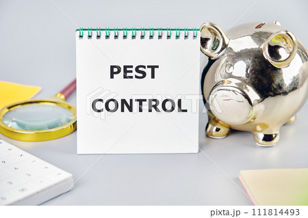 Pest control phrase written on a notebook on a gray background near a calculator, a piggy bank, and stickers. Small Business Concept 111814493