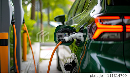 an electric vehicle gracefully connected to a charging station point 111814709