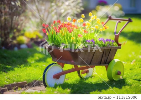 Wheelbarrow with flowers and gardening equipment Wheelbarrow with flowers and gardening equipment 111815000