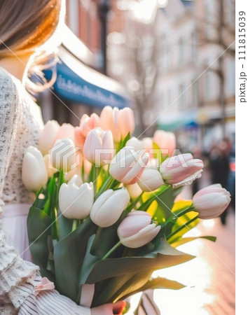 A woman is holding a bouquet. Girl with flowers. Generative Ai. A woman is holding a bouquet. Girl with flowers. Generative Ai. 111815039