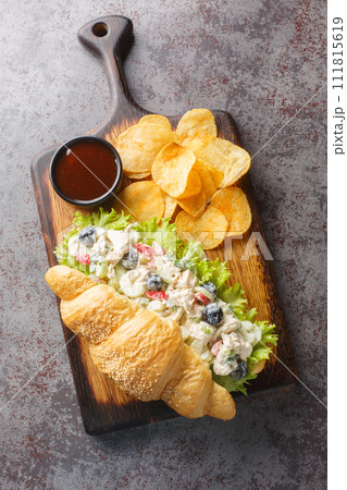 Croissant sandwich with salad made from chicken, grapes, onions, celery, dressed with mayonnaise close-up on a wooden board. Vertical top view Croissant sandwich with salad made from chicken, grapes, onions, celery, dressed with mayonnaise close-up on a wooden board. Vertical top view 111815619