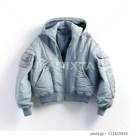 Blue denim jacket bomber isolated on white background. Front view. Blue denim jacket bomber isolated on white background. Front view. 111815658