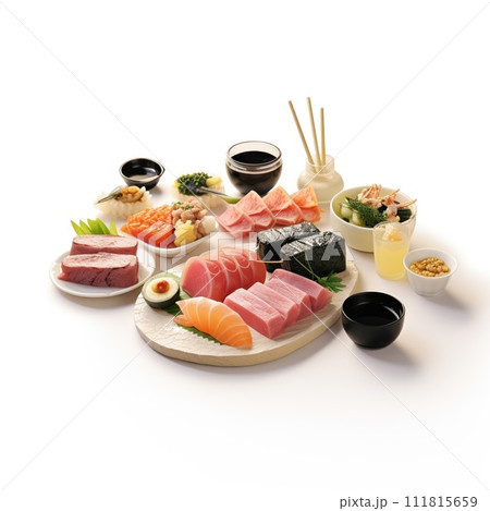 Food Japanese cuisine. Sashimi, sushi and soy sauce 111815659