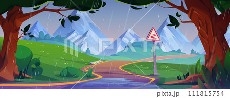 Rainy mountain landscape with winding road Rainy mountain landscape with winding road 111815754