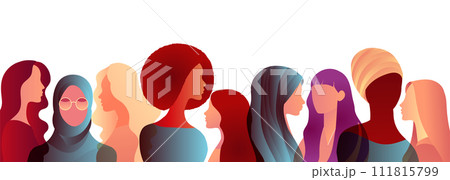 Group silhouette of multicultural business women. International women s day. Equality Diversity - Inclusion - or Empowerment concept. Colleagues or co-workers. Banner copy space Group silhouette of multicultural business women. International women s day. Equality Diversity - Inclusion - or Empowerment concept. Colleagues or co-workers. Banner copy space 111815799