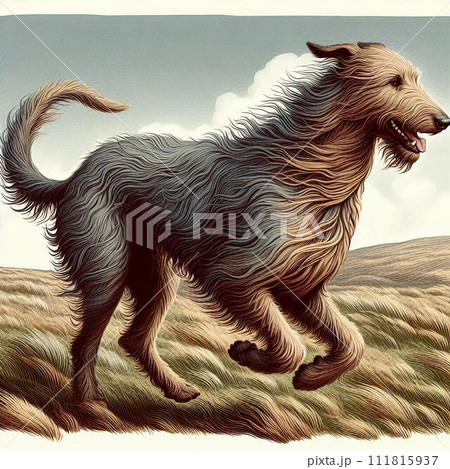 風の中、草原を走るアイリッシュ・ウルフハウンド 111815937