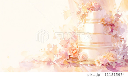 ラグジュアリーな花で飾り付けたウェディングケーキの水彩イラスト背景「AI生成画像」 111815974