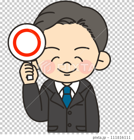 Illustration of a man wearing a business suit raising a circle tag Illustration of a man wearing a business suit raising a circle tag 111816111