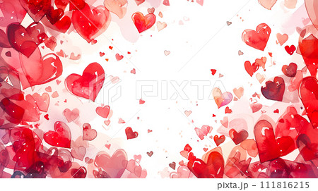 たくさんの赤いハートマークがあふれる水彩イラスト背景「AI生成画像」 111816215