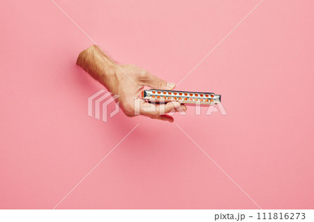 Male hands sticking out pink background and playing harmonica. Blues music festival promotion with a focus on harmonica artists. Male hands sticking out pink background and playing harmonica. Blues music festival promotion with a focus on harmonica artists. 111816273