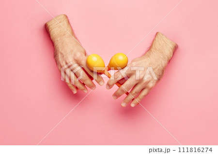 Male hands sticking out pink background and playing maracas. Flyer for cultural festival with different musical experiences. Male hands sticking out pink background and playing maracas. Flyer for cultural festival with different musical experiences. 111816274