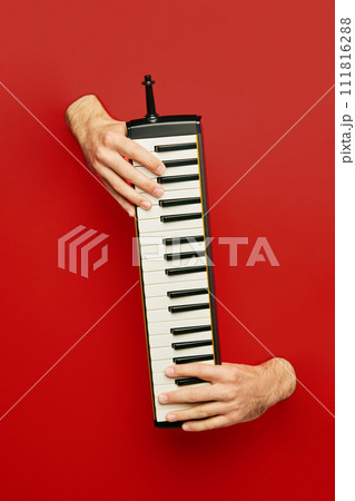 Hand playing a melodic, vertical keyboard against a red background. Poster for a music festival focusing on eclectic and unique instruments. Hand playing a melodic, vertical keyboard against a red background. Poster for a music festival focusing on eclectic and unique instruments. 111816288
