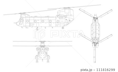 Military transport helicopter. Isolated outline drawing of armed copter. Top, front and side views. Line clipart. Industrial blueprint of war force aviation. Army cargo vehicle Military transport helicopter. Isolated outline drawing of armed copter. Top, front and side views. Line clipart. Industrial blueprint of war force aviation. Army cargo vehicle 111816299