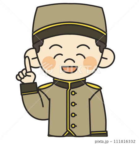 男性ホテルマンが指差しポーズをして説明しているイラスト 111816332