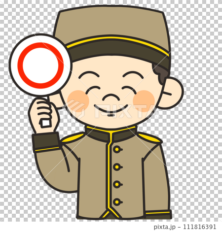 男性ホテルマンが丸の札を挙げているイラスト 111816391