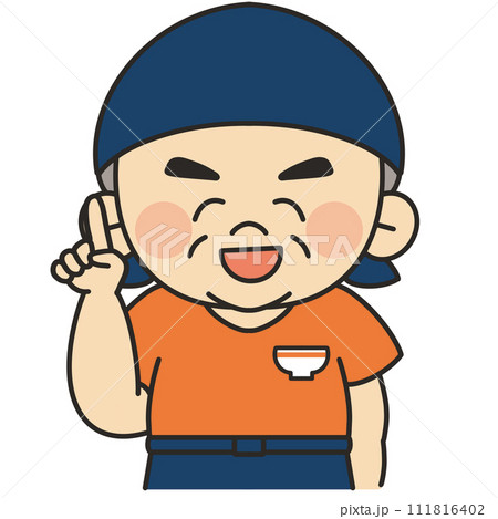 三角巾をつけた飲食店の店員が指差しポーズをして説明しているイラスト 111816402