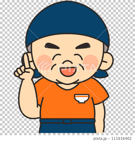 三角巾をつけた飲食店の店員が指差しポーズをして説明しているイラスト 111816402