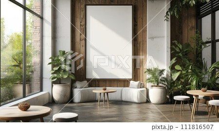 AI-generated content. Elegant Cafe Interior with Natural Light and Modern Aesthetic Design 111816507