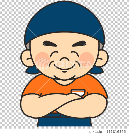 Illustration of a restaurant employee wearing a sling and folding his arms with a smile 111816566