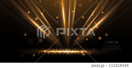 Abstract elegant gold glowing line with lighting effect sparkle on black background. Template premium award design. Abstract elegant gold glowing line with lighting effect sparkle on black background. Template premium award design. 111816594