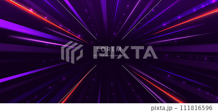 Abstract technology futuristic glowing neon purple and red light ray with speed motion moving on dark purple background. Abstract technology futuristic glowing neon purple and red light ray with speed motion moving on dark purple background. 111816596