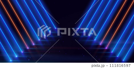 Abstract neon light effect glowing blue and orange diagonal on black background. Abstract neon light effect glowing blue and orange diagonal on black background. 111816597