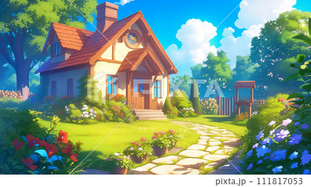 ゲーム背景素材（庭園のあるファンタジー風の家） 111817053