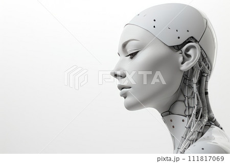 AI-generated content. Close-Up Portrait of a Female Android Head Against a Softly Illuminated Background 111817069