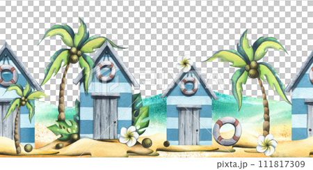 Beach, sea houses, cute, wooden with coconut palms on a sandy island. Watercolor illustration in cartoon style. Seamless summer, beach border for fabric, textiles, wallpaper, packaging, souvenirs 111817309