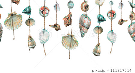 Various seashells are round, spiral, suspended on ropes. Marine garlands for decoration. Hand drawn watercolor illustration. Seamless border isolated from background 111817314