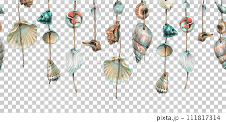 Various seashells are round, spiral, suspended on ropes. Marine garlands for decoration. Hand drawn watercolor illustration. Seamless border isolated from background 111817314