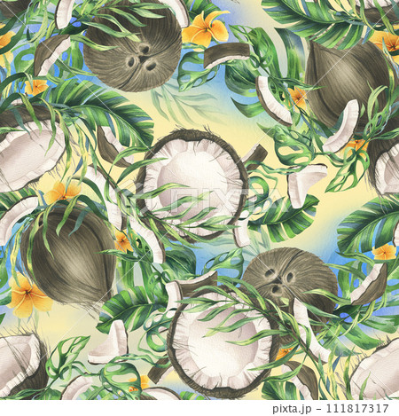 Coconuts whole, halves and pieces with bright, green, tropical palm leaves and yellow plumeria flowers. Hand drawn watercolor illustration. Seamless pattern, background. 111817317