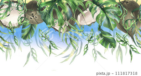 Coconuts whole, halves and pieces with bright, green, tropical palm leaves. Hand drawn watercolor illustration. Seamless border isolated from the background Coconuts whole, halves and pieces with bright, green, tropical palm leaves. Hand drawn watercolor illustration. Seamless border isolated from the background 111817318